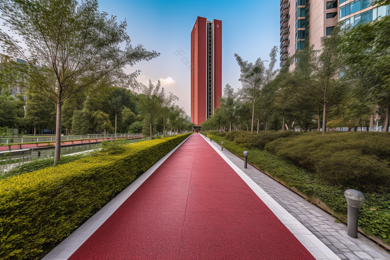 红色城市园艺绿化小区内跑道实拍摄影图,高清,摄影图,摄影图片,图片大全,摄影图免费下载